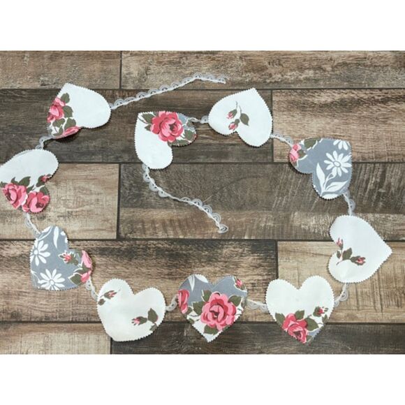 Valentine Heart Banner Bunting Vintage Linens Wedding Shower - Picture 3 of 5